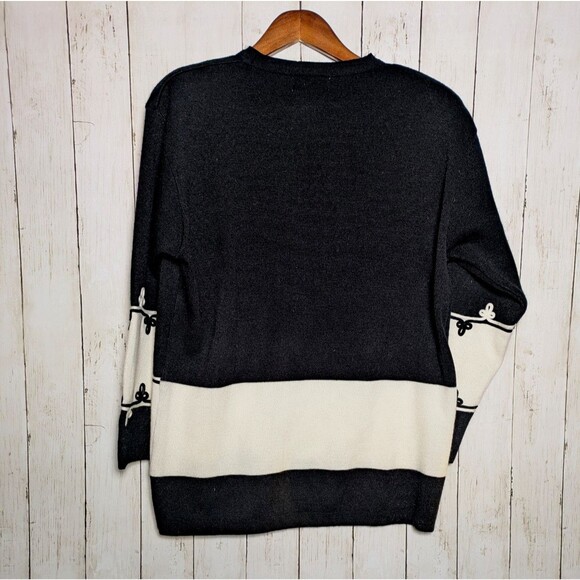 Vintage Worthington Black White Knit Sweater Size Large Fleur Trim Cozy Winter - Picture 4 of 8